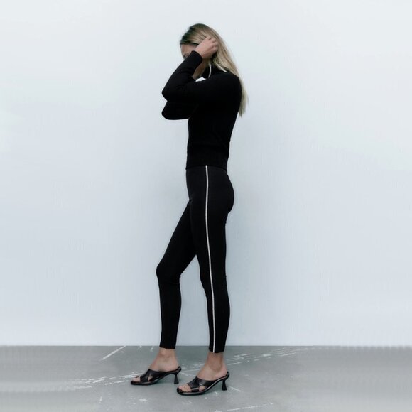 NWT Zara black legging pants w/ sparkly smoke charcoal crystal racer stripes, M - Picture 3 of 9